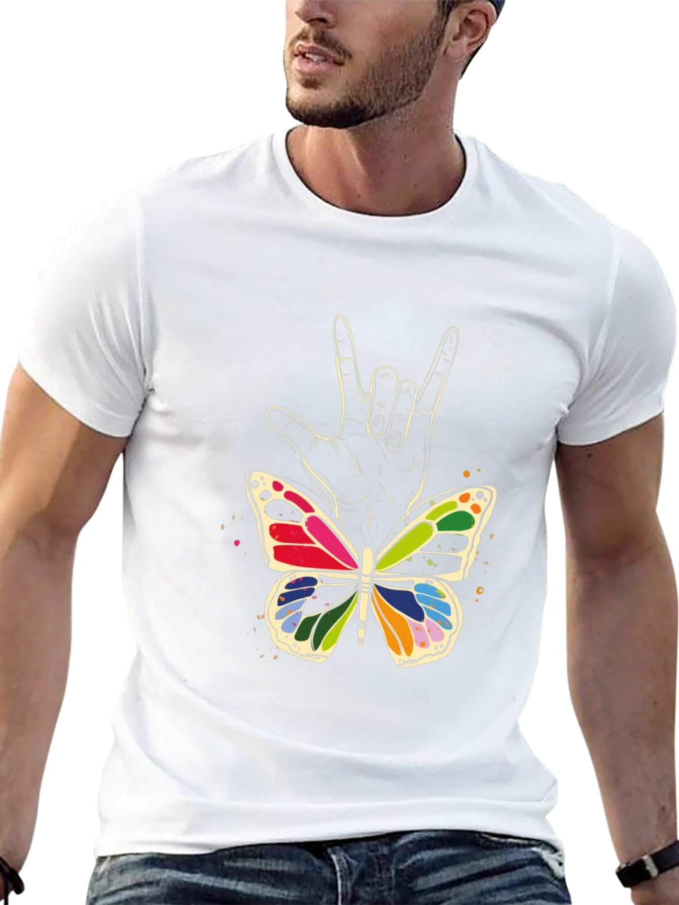 Camiseta Negra con Mariposa y Mano Lenguaje de Señas