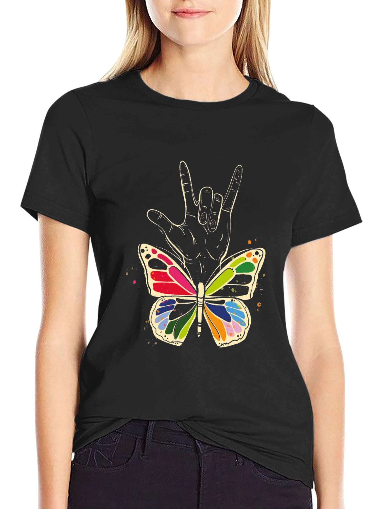 Camiseta Negra con Mariposa y Mano Lenguaje de Señas