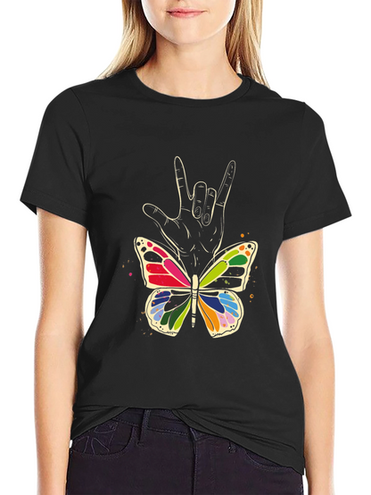Camiseta Negra con Mariposa y Mano Lenguaje de Señas