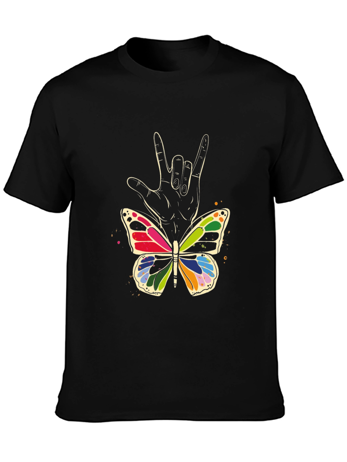 Camiseta Negra con Mariposa y Mano Lenguaje de Señas