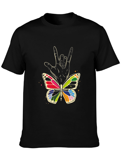 Camiseta Negra con Mariposa y Mano Lenguaje de Señas