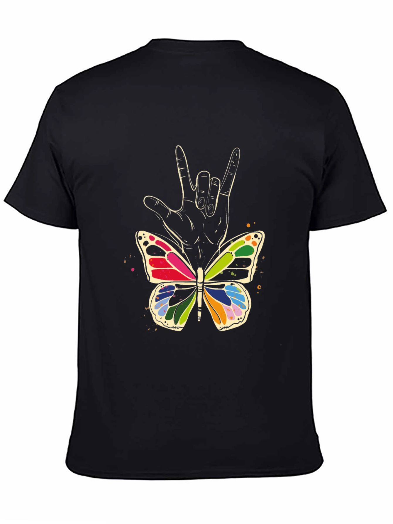Camiseta Negra con Mariposa y Mano Lenguaje de Señas