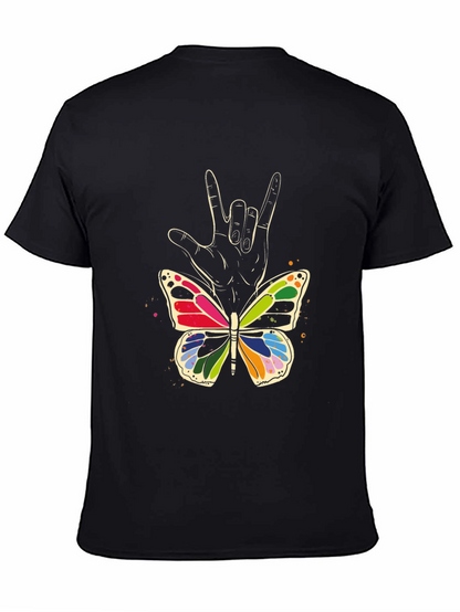 Camiseta Negra con Mariposa y Mano Lenguaje de Señas
