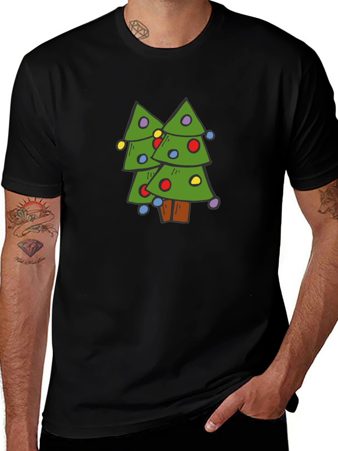 Camiseta Negra con Diseño de Árboles Navideños