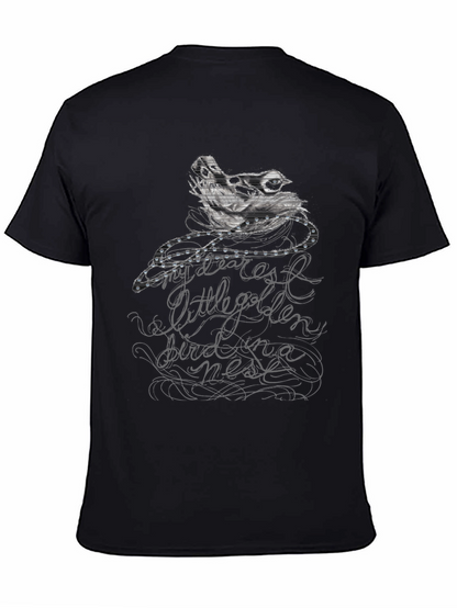 Camiseta Negra con Diseño de Pájaro y Texto Caligráfico