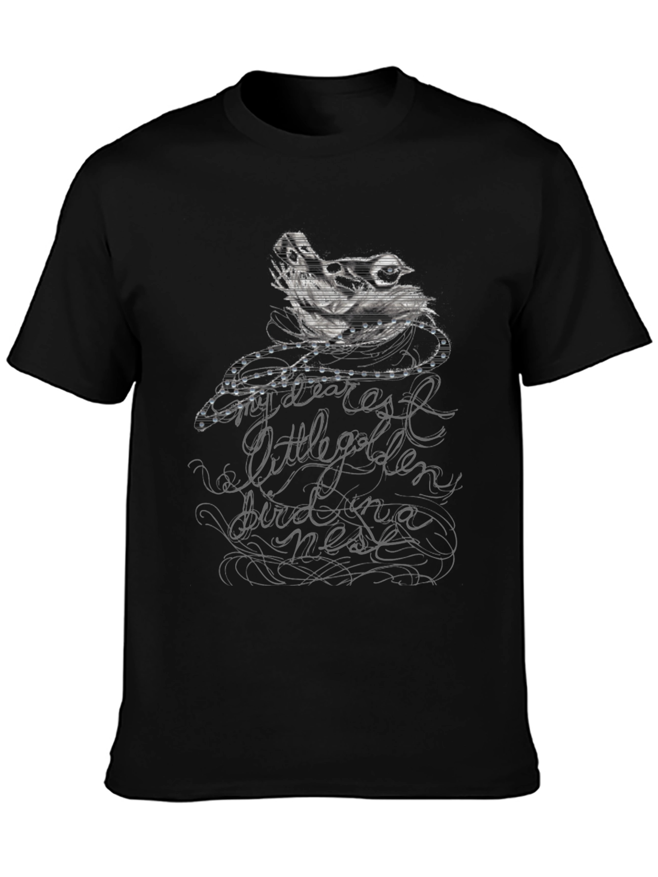 Camiseta Negra con Diseño de Pájaro y Texto Caligráfico