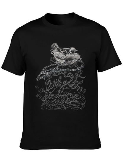 Camiseta Negra con Diseño de Pájaro y Texto Caligráfico