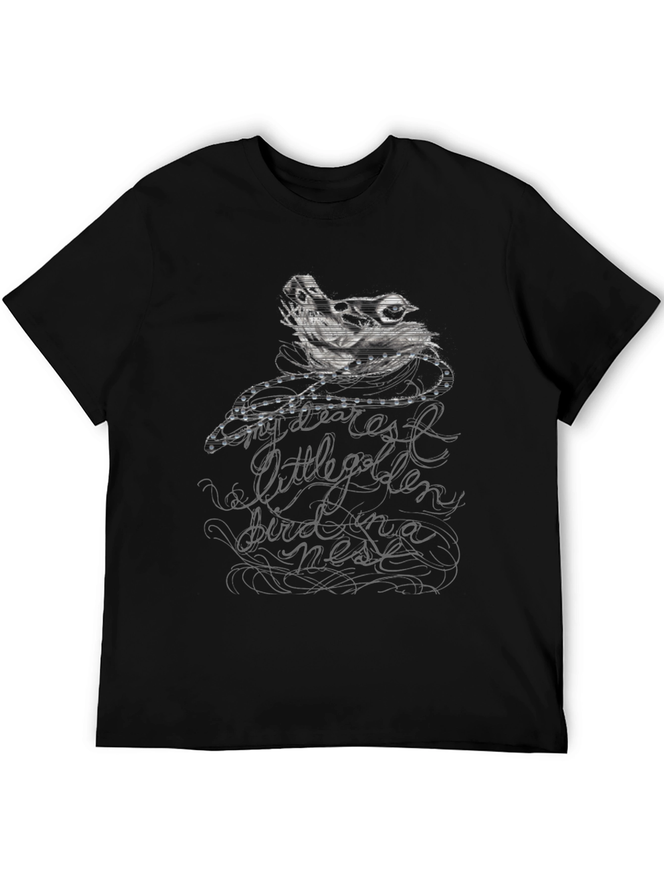 Camiseta Negra con Diseño de Pájaro y Texto Caligráfico