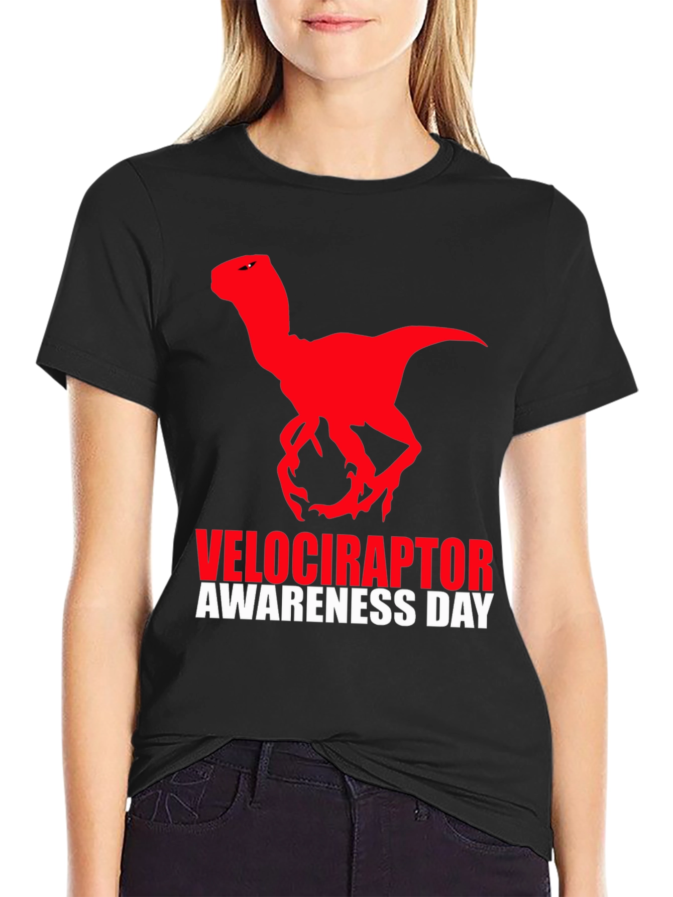 Camiseta Negra Dinosaurio Velociraptor Día de Concienciación