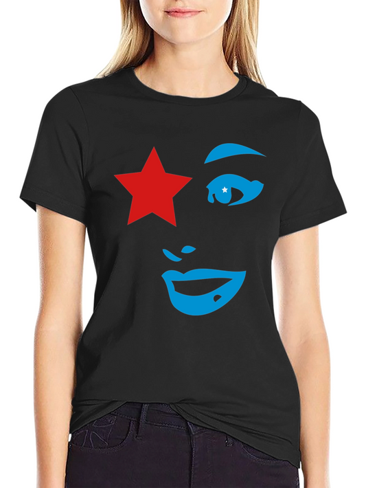 Camiseta Negra Mujer Estrella Roja y Diseño Abstracto