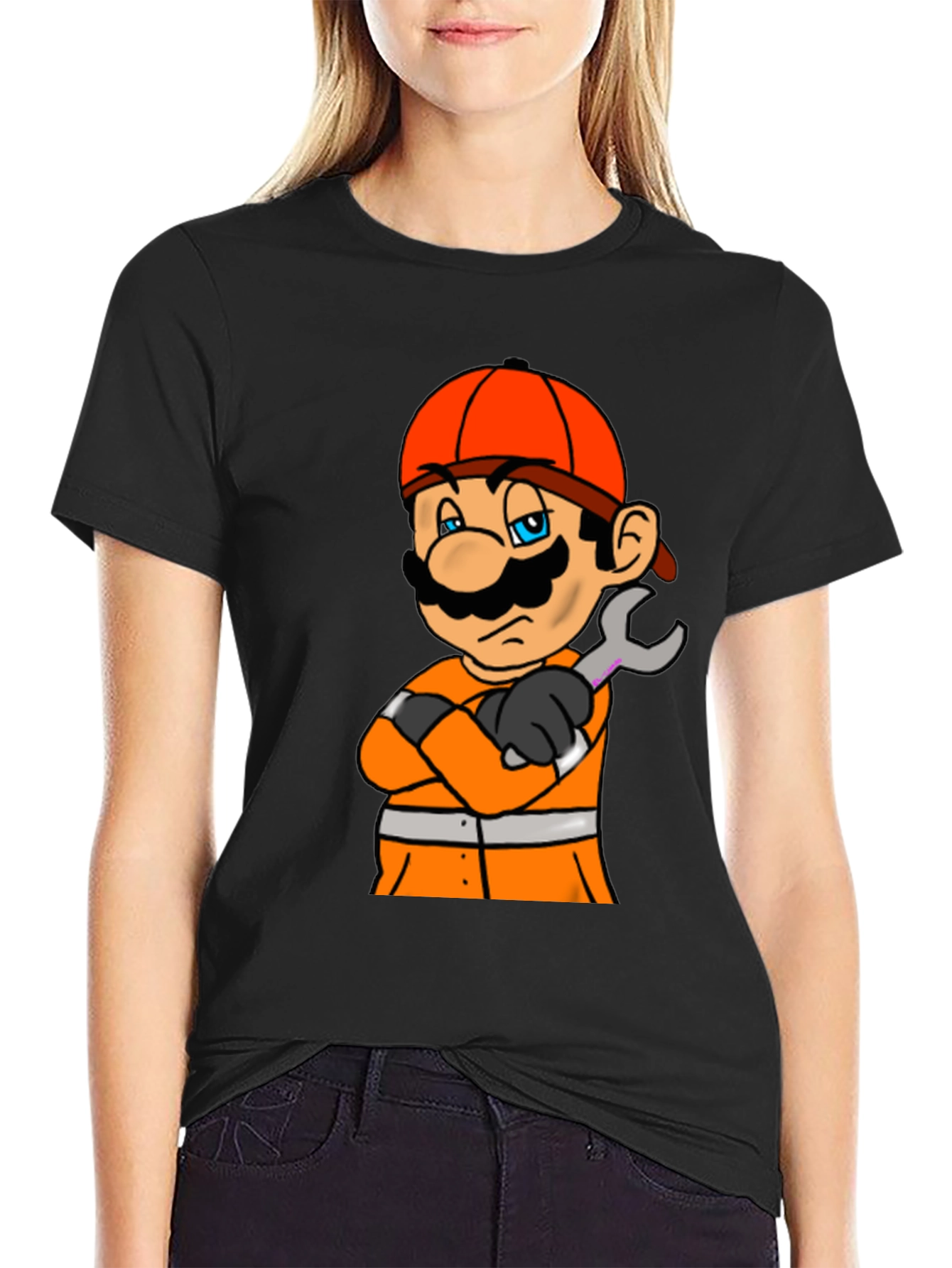 Camiseta Negra con Diseño de Mario Constructor