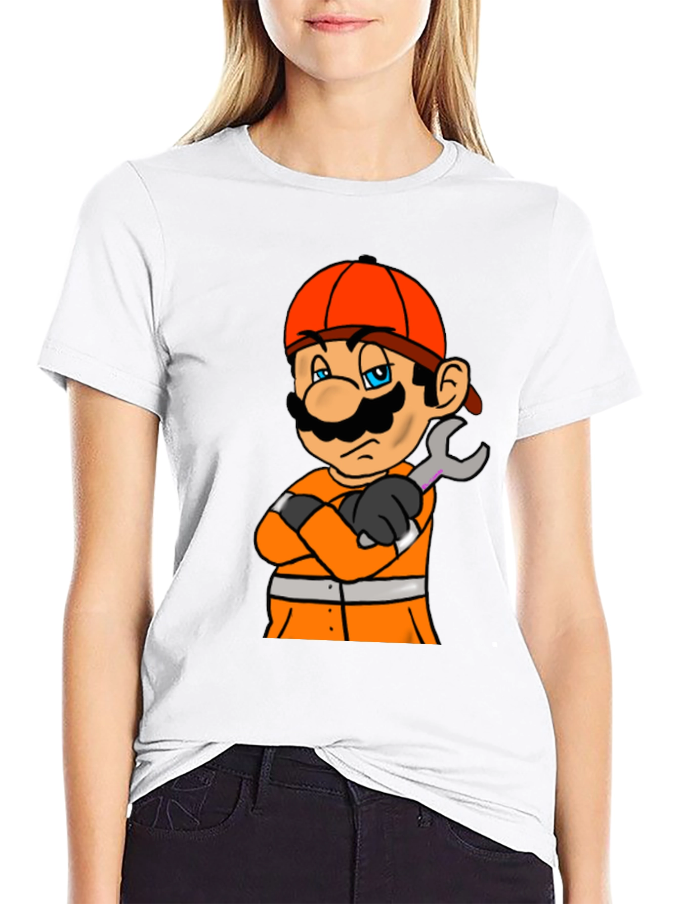 Camiseta Negra con Diseño de Mario Constructor