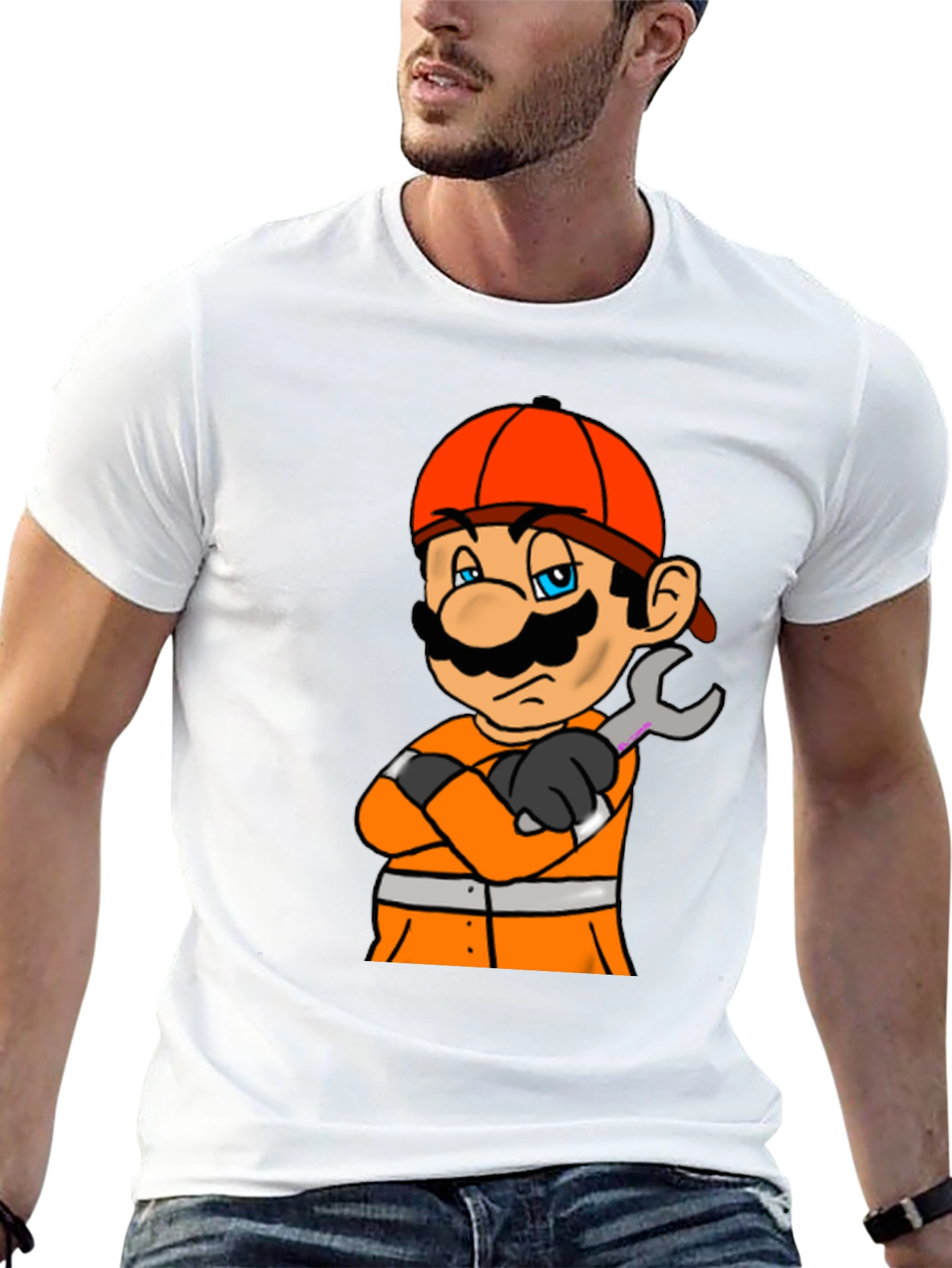 Camiseta Negra con Diseño de Mario Constructor