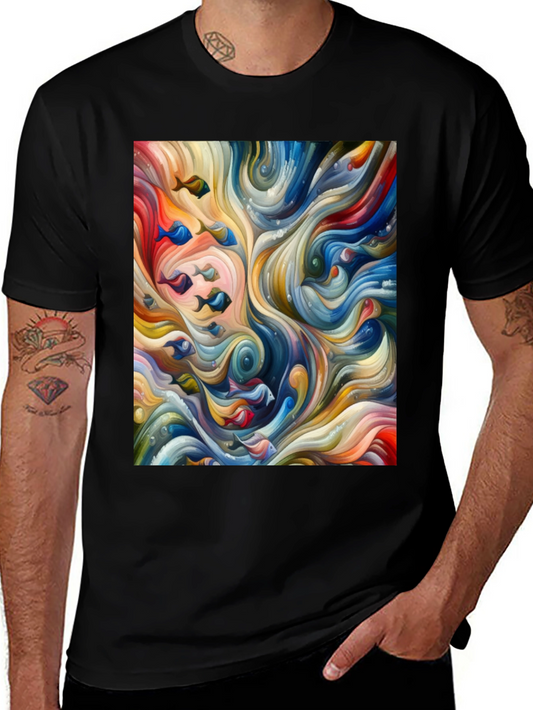 Camiseta Negra con Diseño Abstracto de Peces