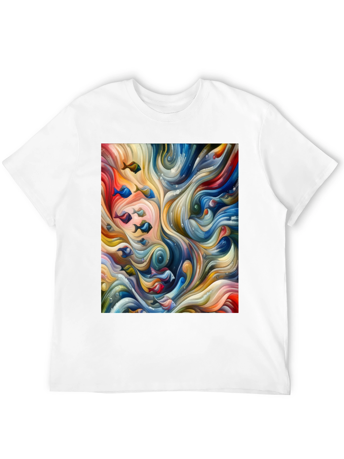 Camiseta Negra con Diseño Abstracto de Peces