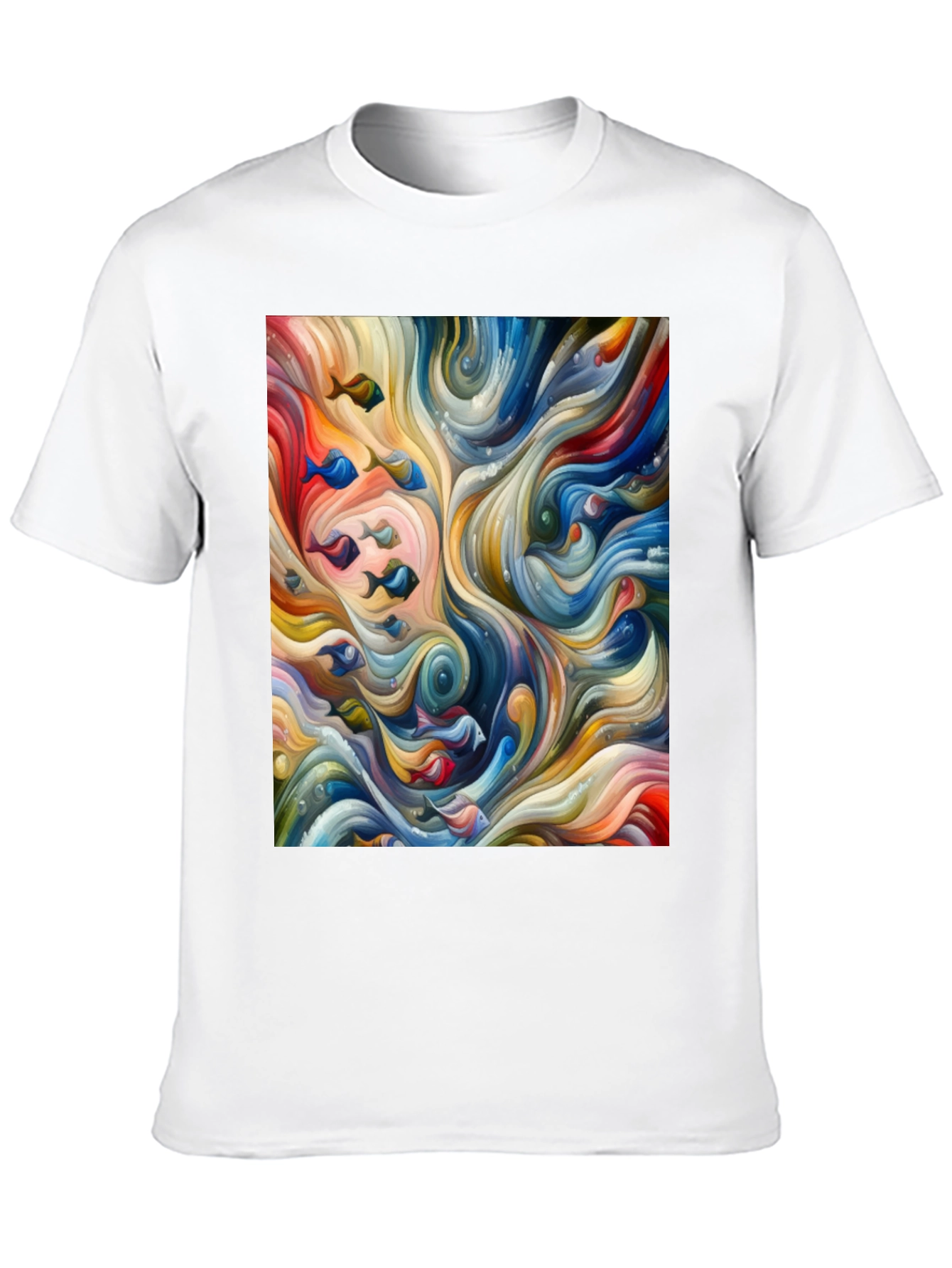 Camiseta Negra con Diseño Abstracto de Peces