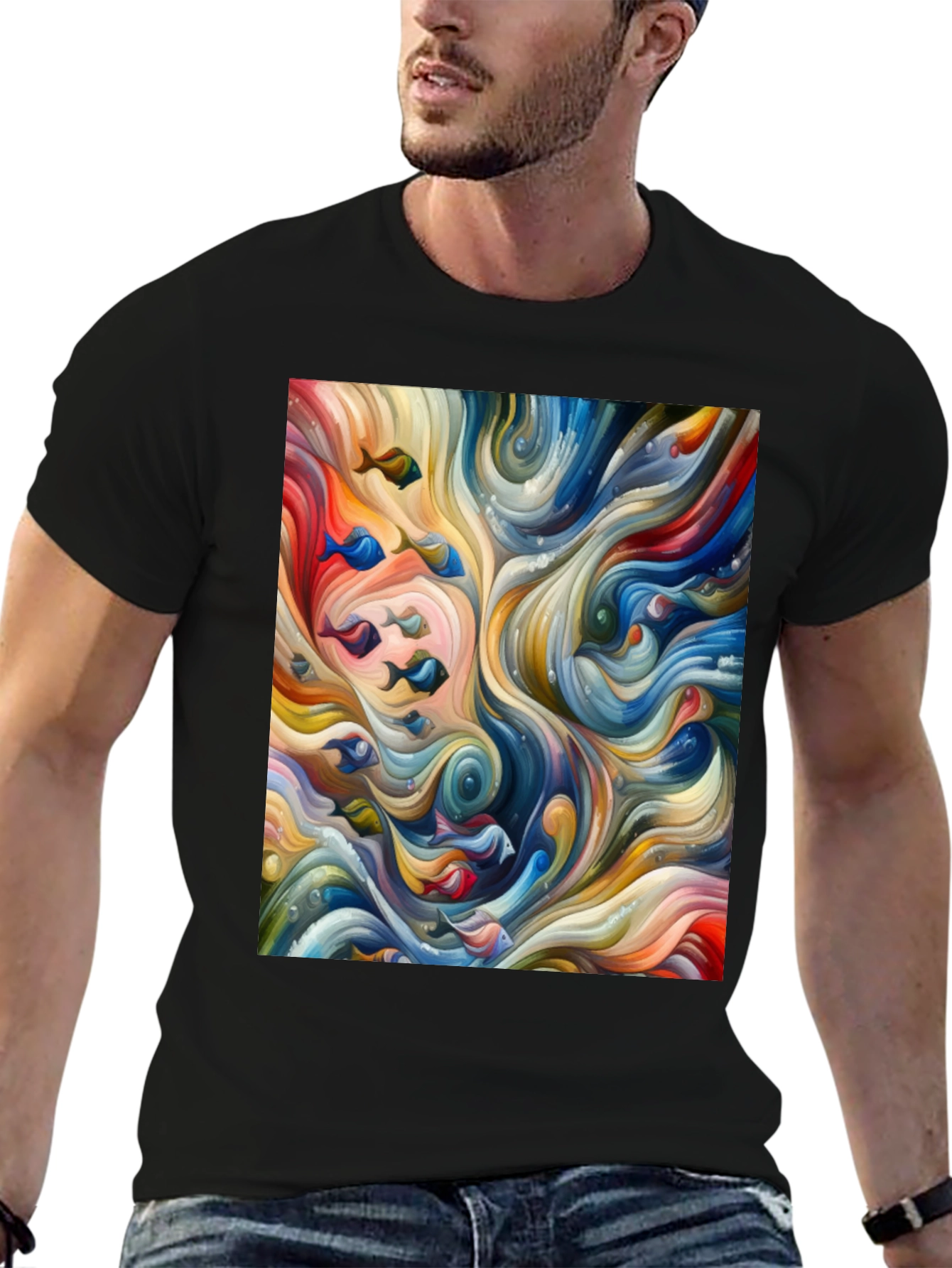 Camiseta Negra con Diseño Abstracto de Peces