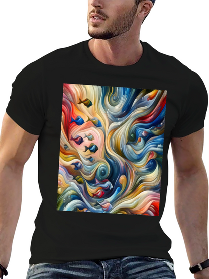 Camiseta Negra con Diseño Abstracto de Peces