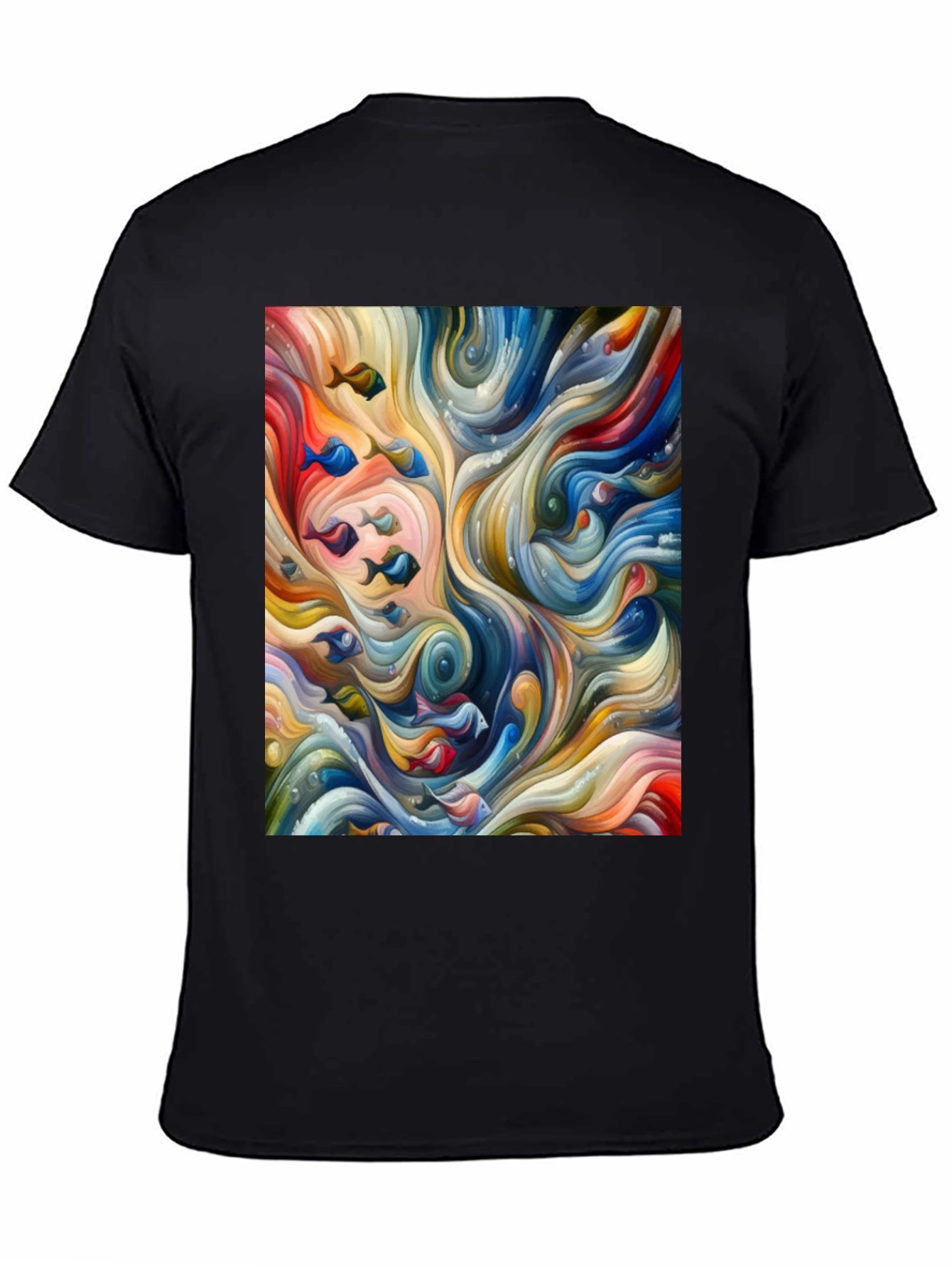 Camiseta Negra con Diseño Abstracto de Peces