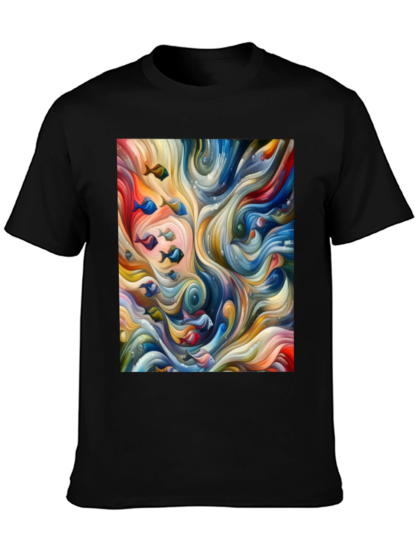 Camiseta Negra con Diseño Abstracto de Peces