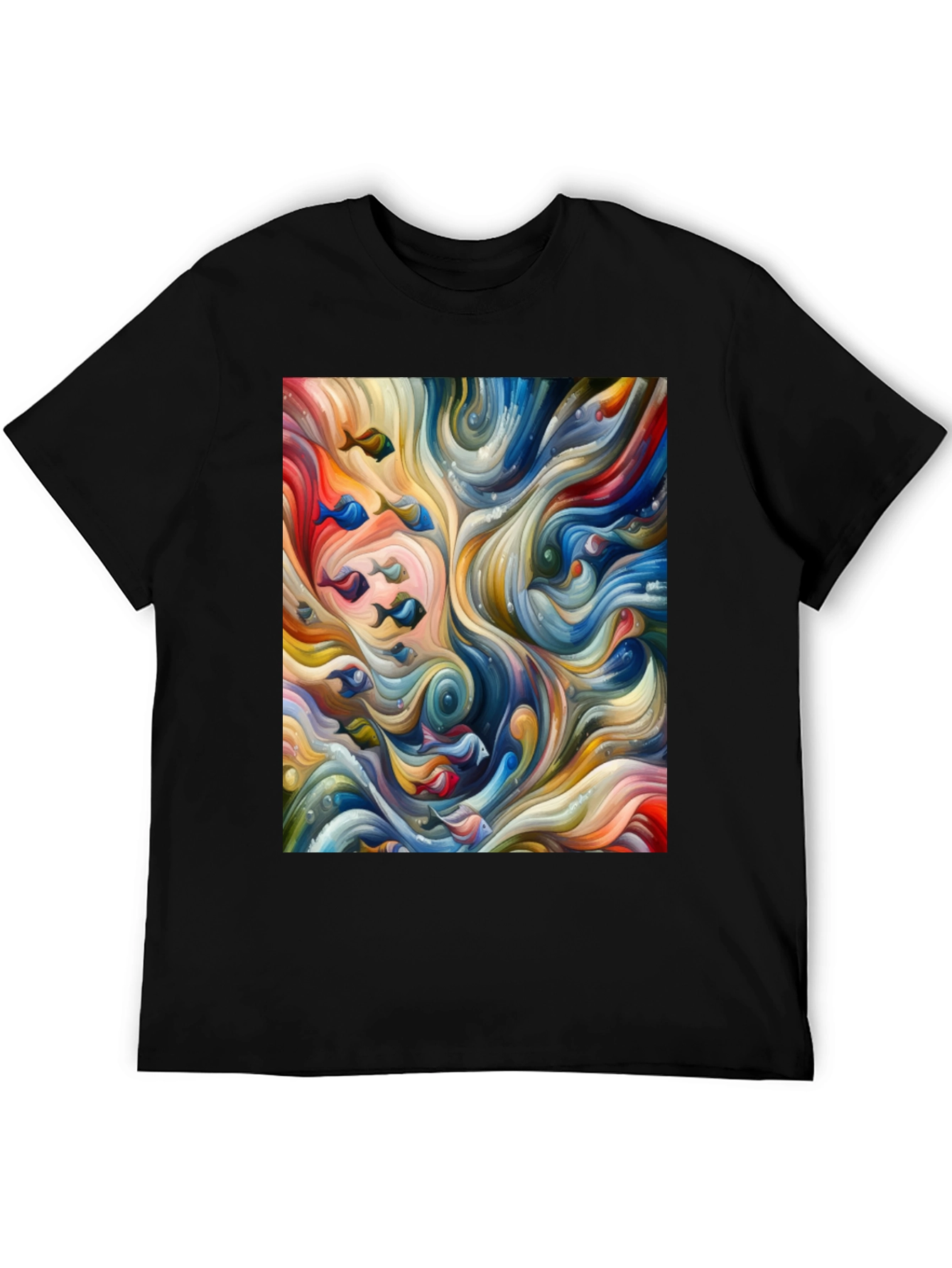 Camiseta Negra con Diseño Abstracto de Peces
