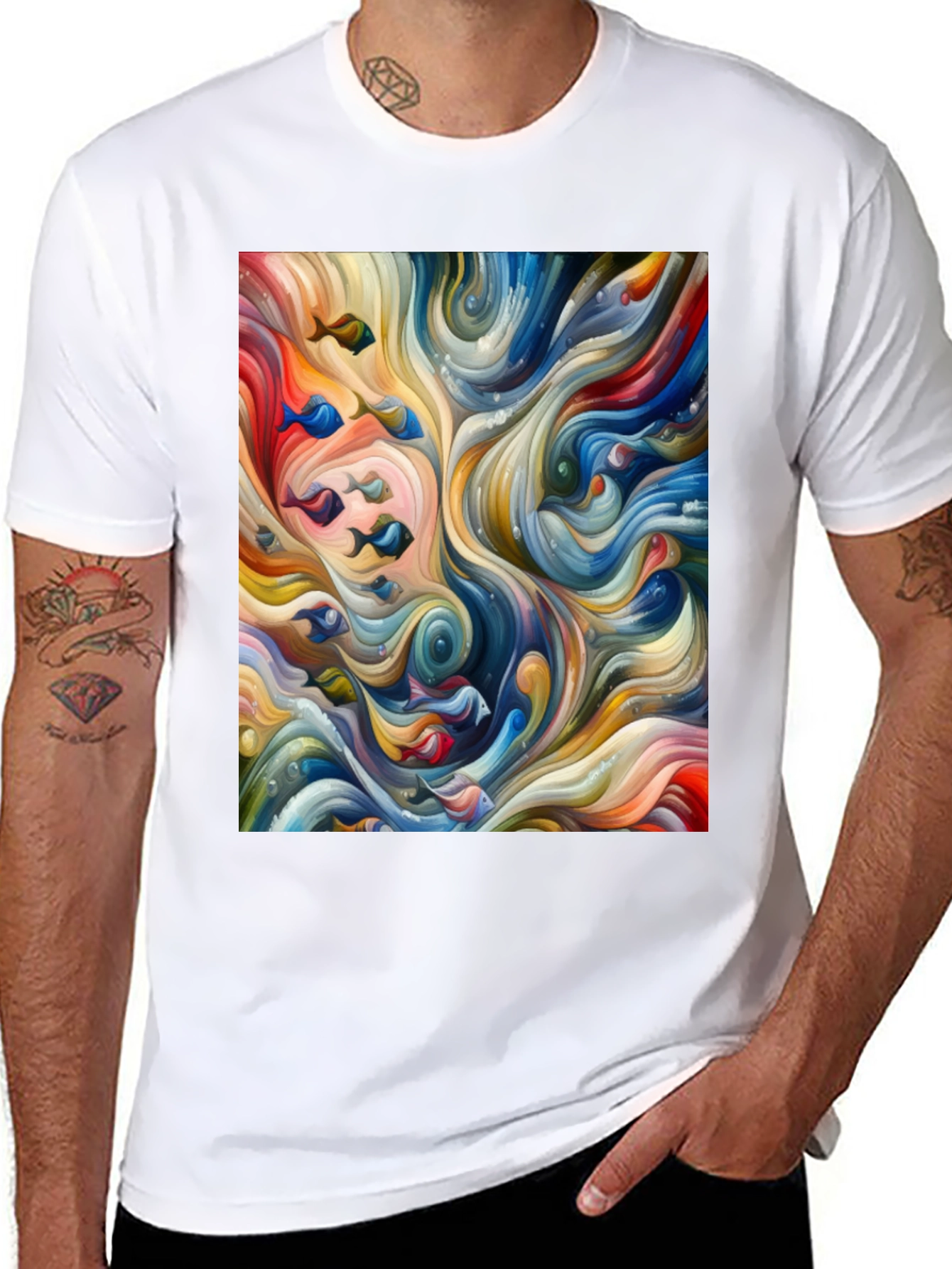 Camiseta Negra con Diseño Abstracto de Peces
