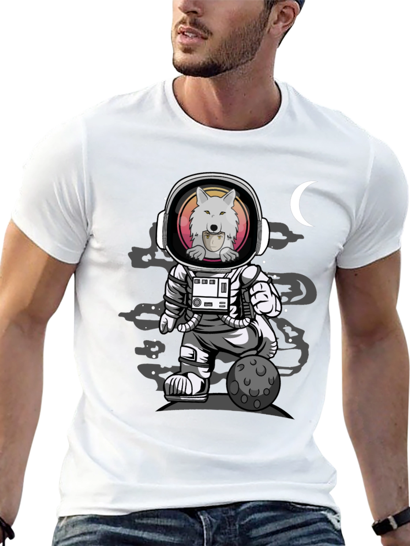 Camiseta Negra con Diseño de Astronauta Lobo