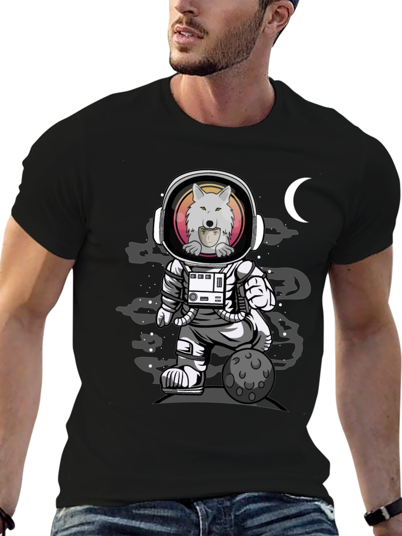 Camiseta Negra con Diseño de Astronauta Lobo