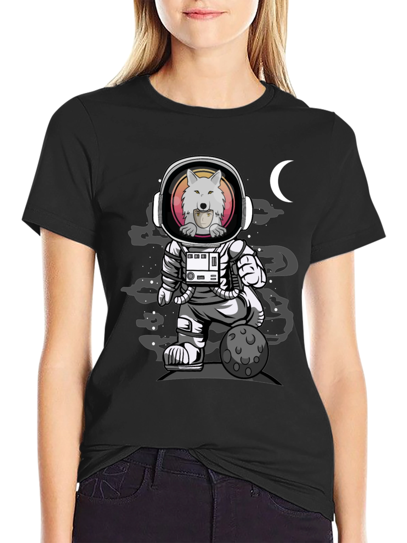 Camiseta Negra con Diseño de Astronauta Lobo