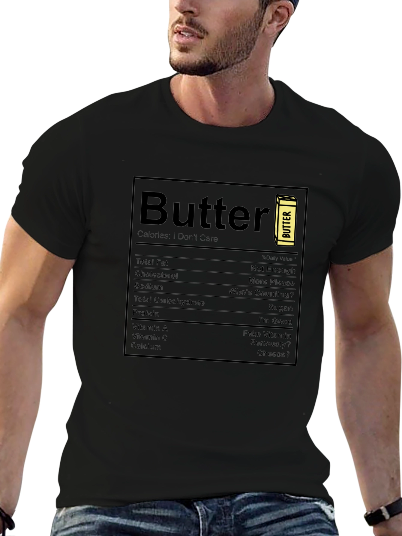 Camiseta Negra con Diseño Nutricional de Mantequilla