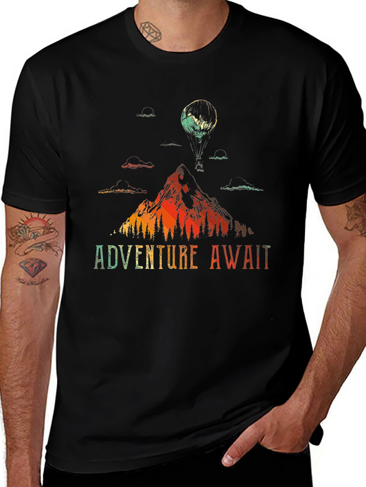 Camiseta Negra Adventure Await con Diseño de Montaña y Globo
