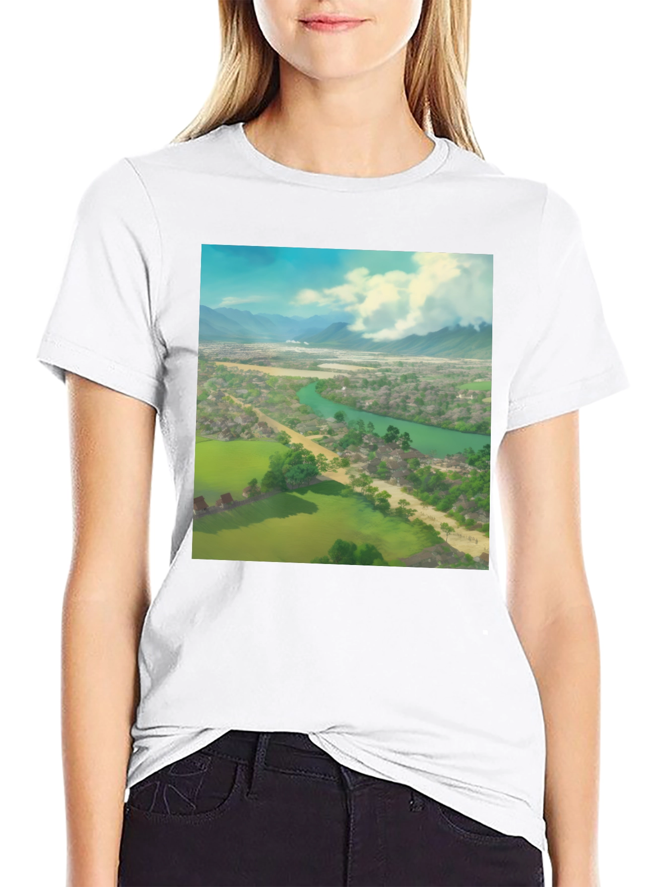 Camiseta Negra con Diseño de Paisaje Impresionante