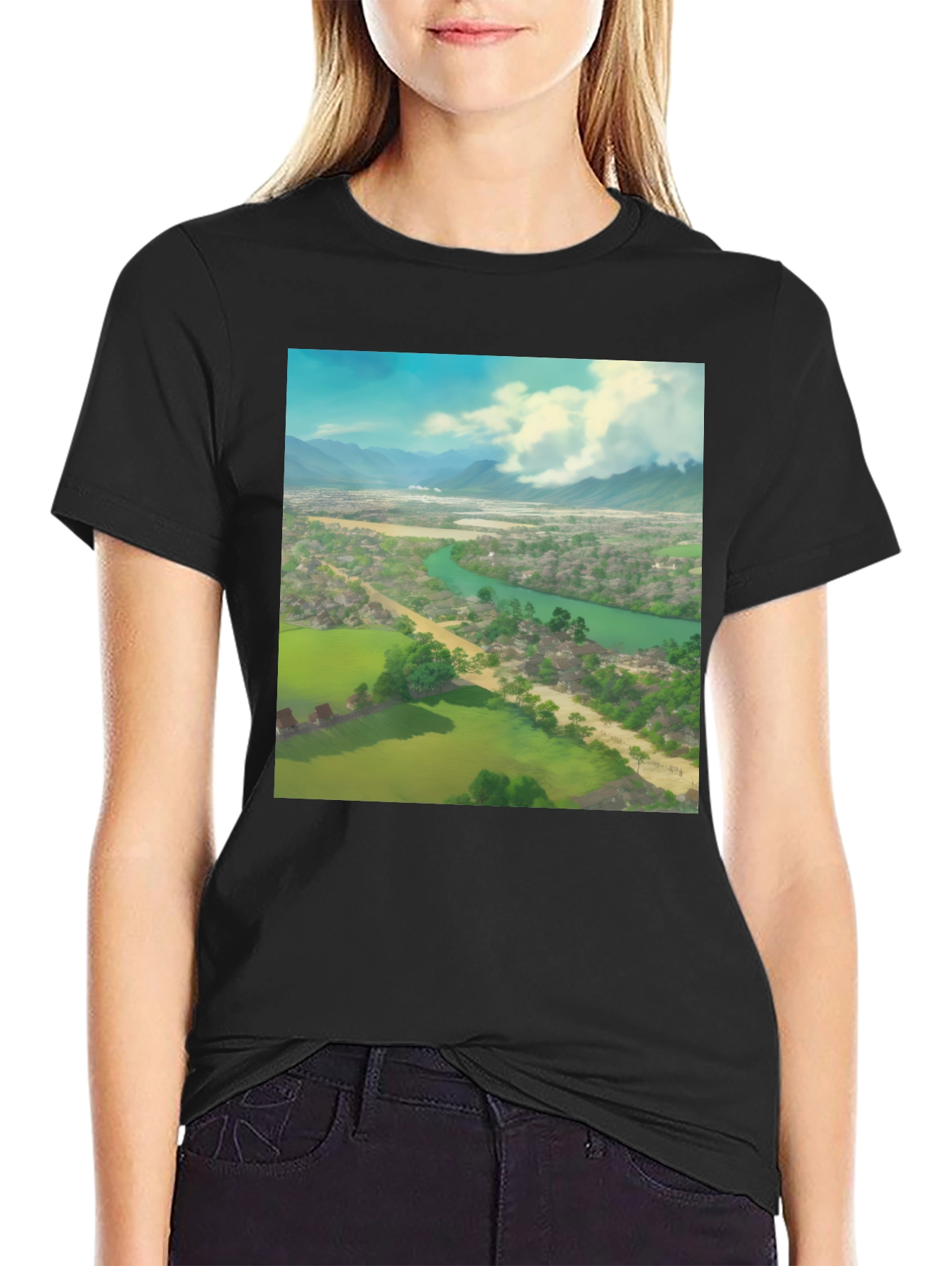 Camiseta Negra con Diseño de Paisaje Impresionante