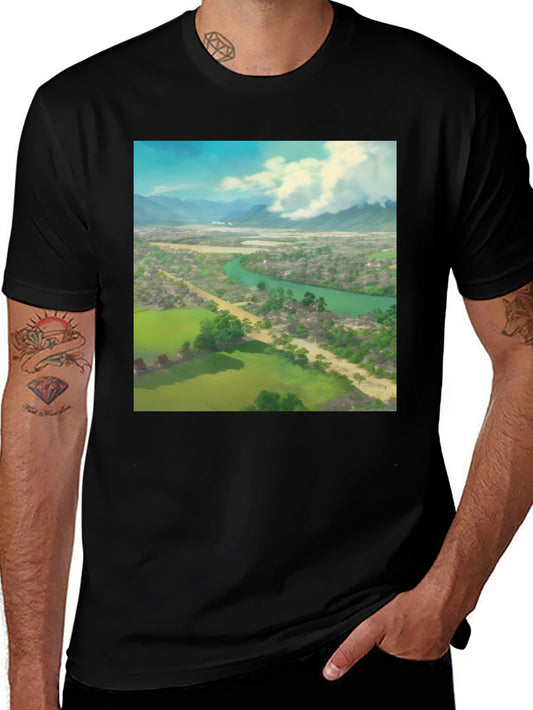 Camiseta Negra con Diseño de Paisaje Impresionante