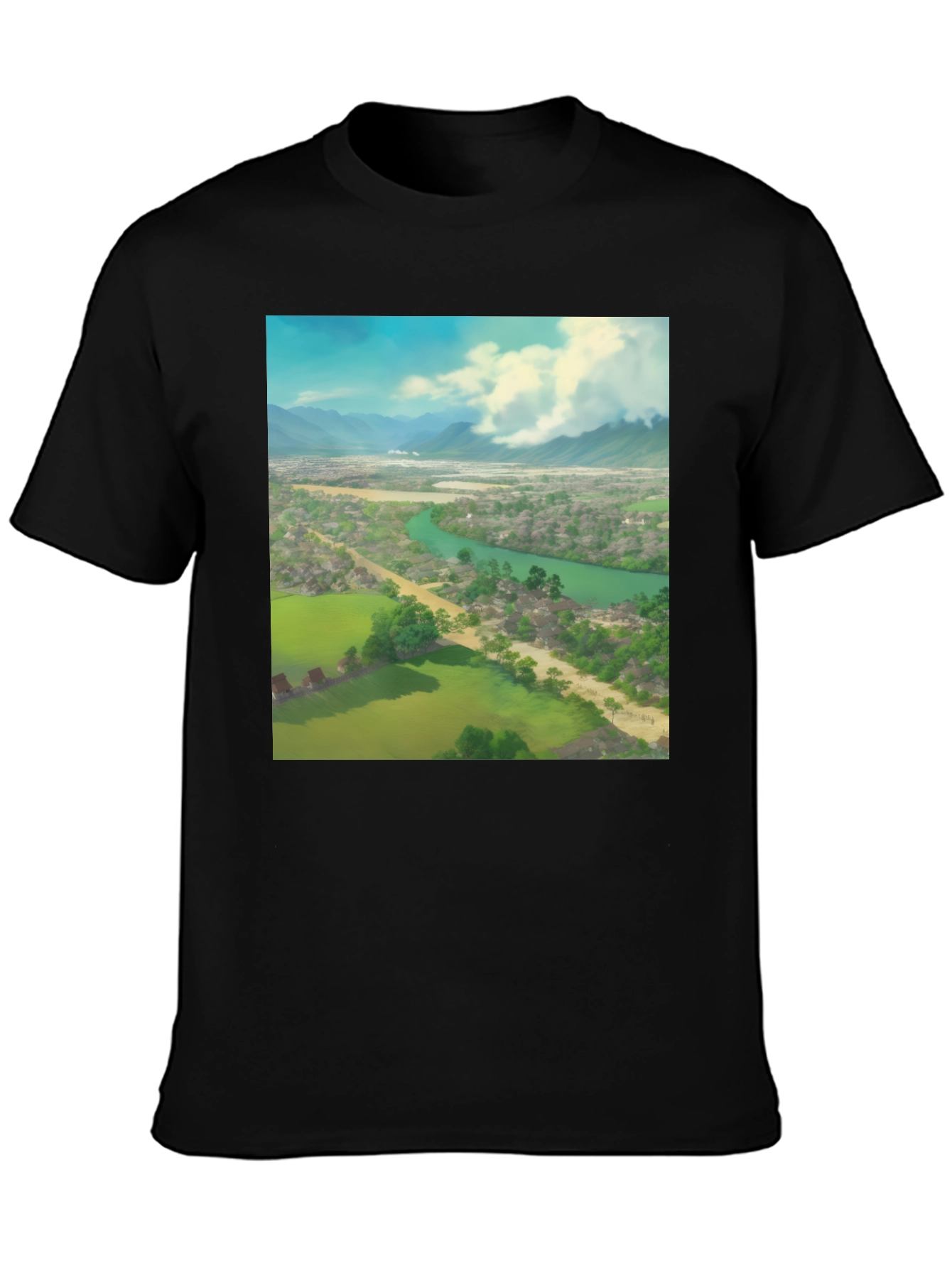 Camiseta Negra con Diseño de Paisaje Impresionante