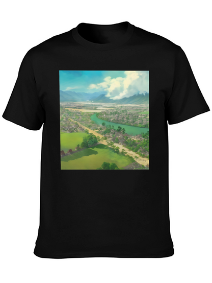 Camiseta Negra con Diseño de Paisaje Impresionante