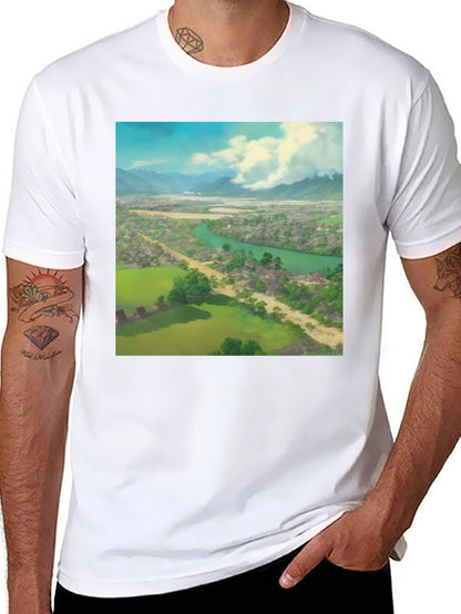Camiseta Negra con Diseño de Paisaje Impresionante