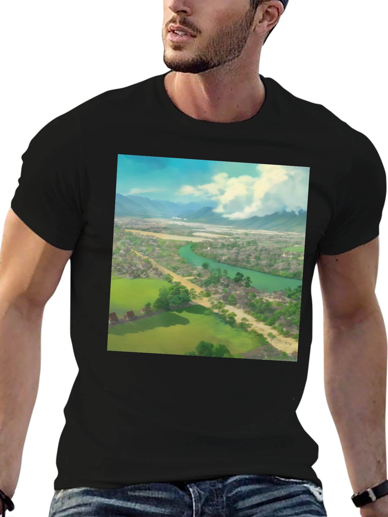 Camiseta Negra con Diseño de Paisaje Impresionante