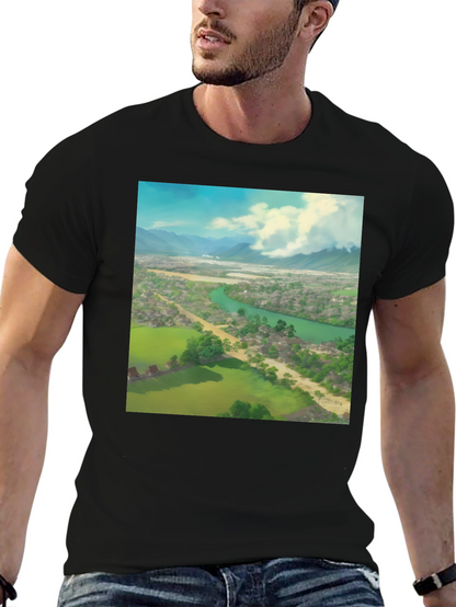 Camiseta Negra con Diseño de Paisaje Impresionante