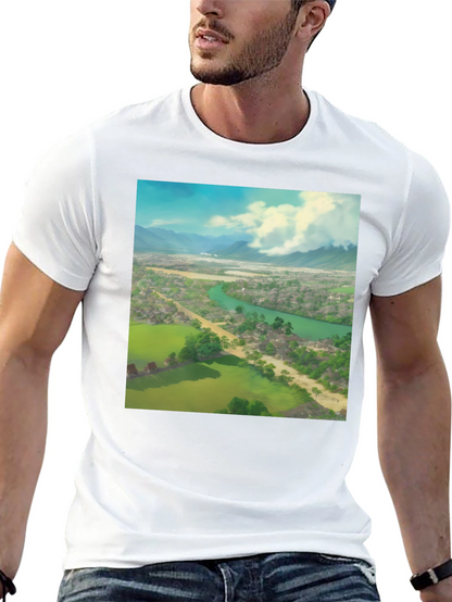 Camiseta Negra con Diseño de Paisaje Impresionante