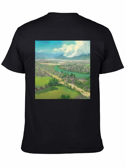 Camiseta Negra con Diseño de Paisaje Impresionante