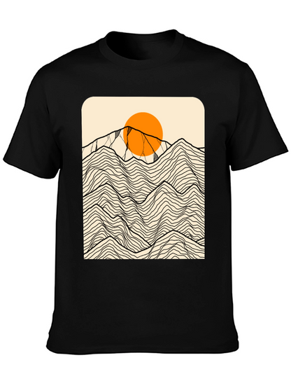 Camiseta Negra Gráfica Montañas Abstractas Sol Naranja