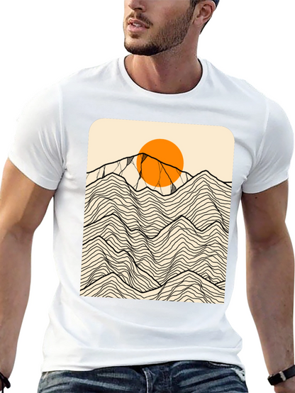 Camiseta Negra Gráfica Montañas Abstractas Sol Naranja