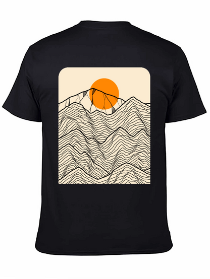 Camiseta Negra Gráfica Montañas Abstractas Sol Naranja