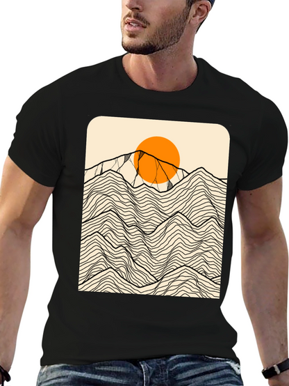 Camiseta Negra Gráfica Montañas Abstractas Sol Naranja