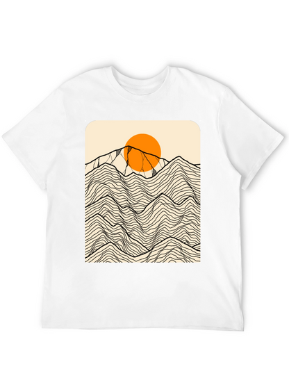 Camiseta Negra Gráfica Montañas Abstractas Sol Naranja