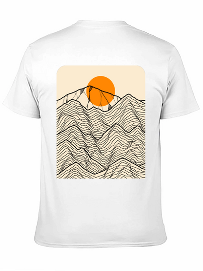 Camiseta Negra Gráfica Montañas Abstractas Sol Naranja