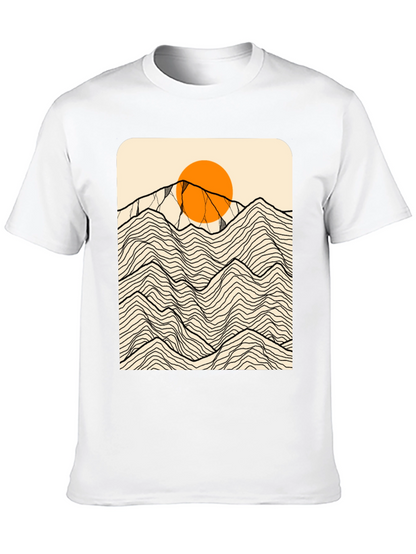 Camiseta Negra Gráfica Montañas Abstractas Sol Naranja