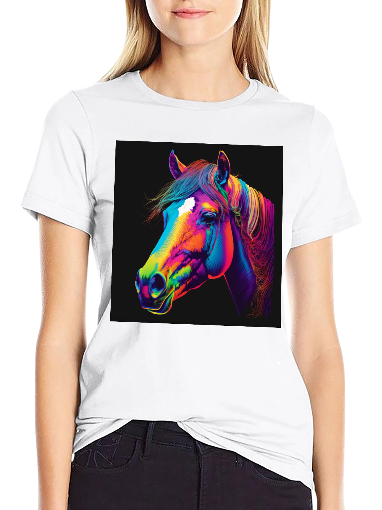 Camiseta Negra con Diseño de Caballo Neón