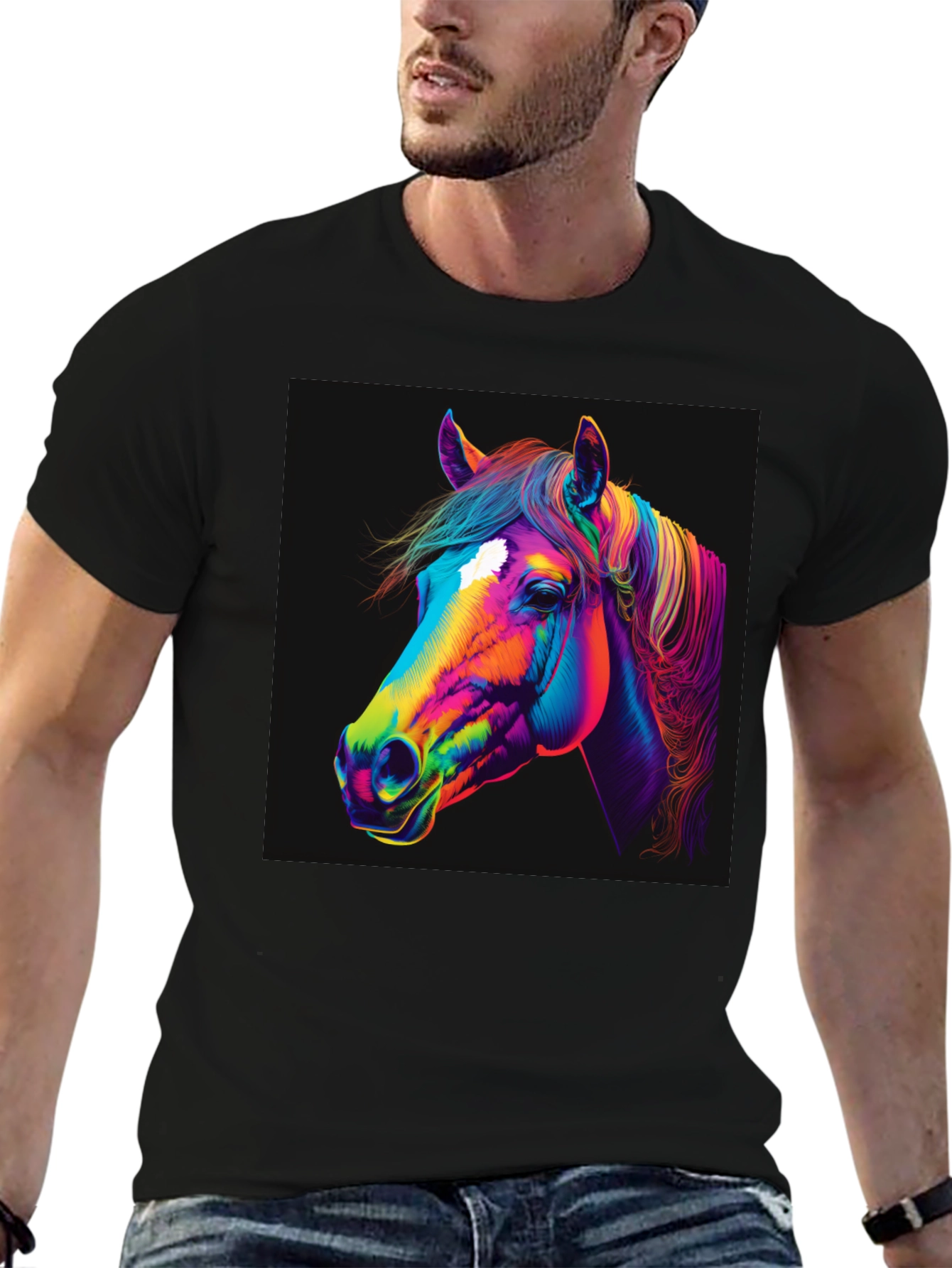 Camiseta Negra con Diseño de Caballo Neón